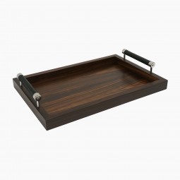 Macassar Ebony Tray with Chrome and Woven Black Leather Handles