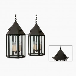 Pair of Hexagonal Blackened Metal Lanterns