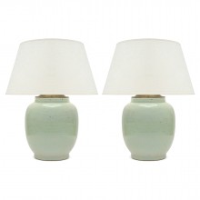 Pair of Celadon Ceramic Lamps